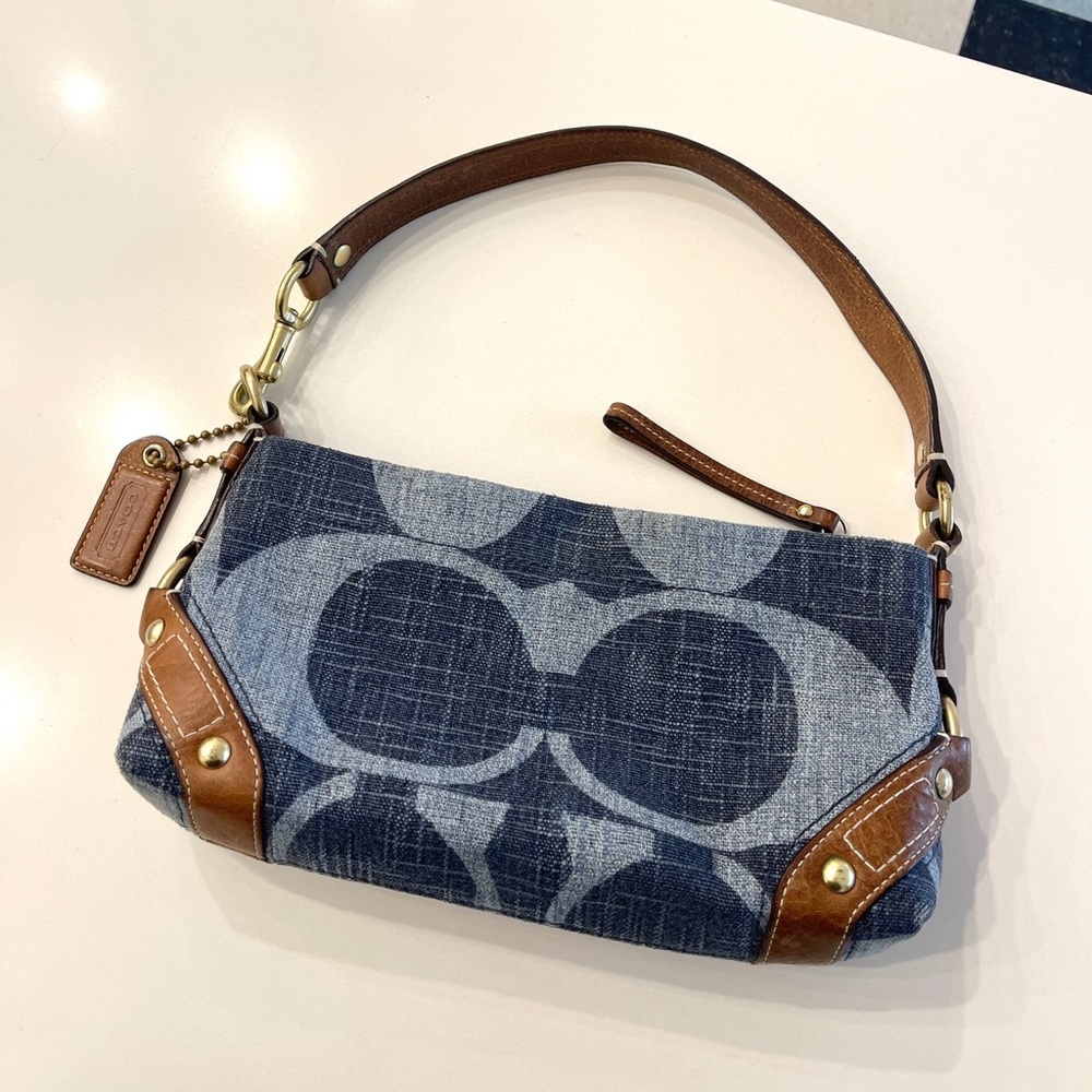 Vintage Y2K 2000s COACH denim and leather shoulder bag with gold O ring hardware